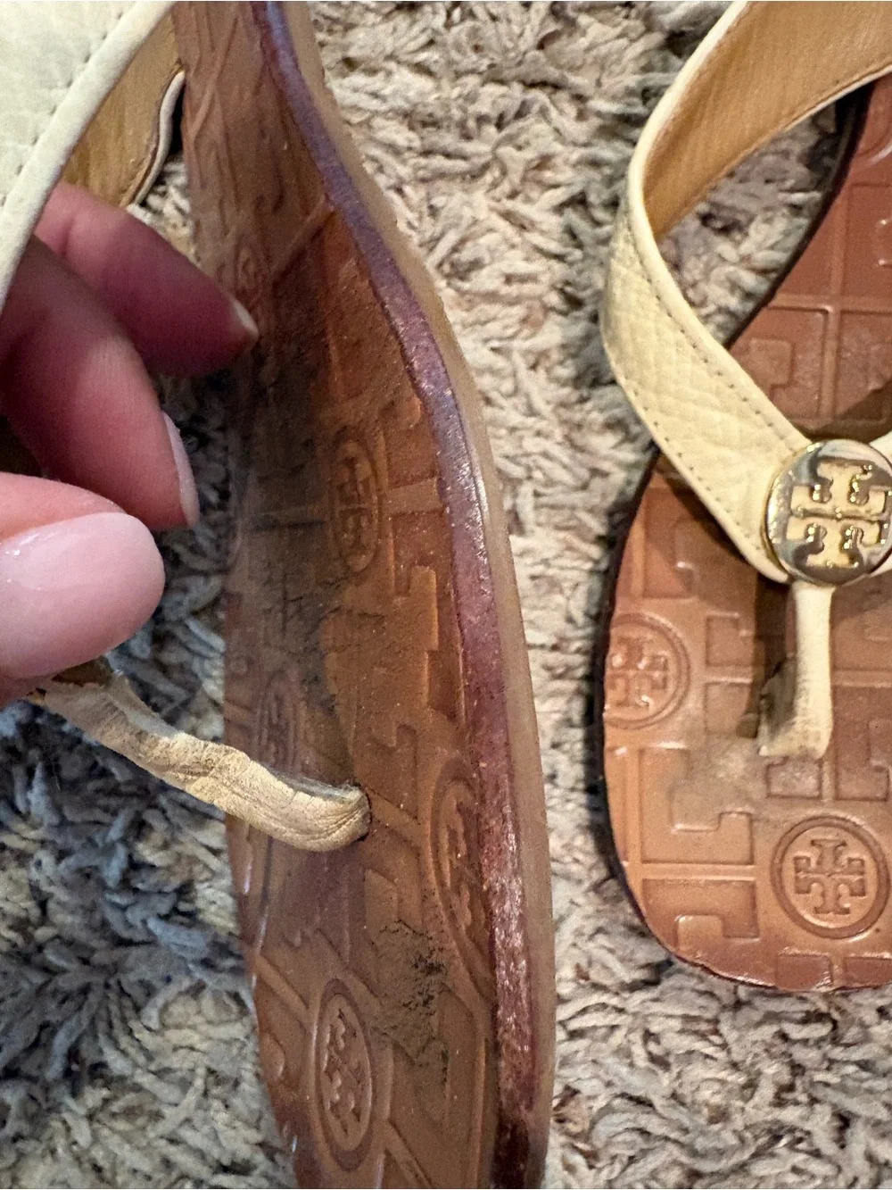 Tory Burch Thora Cream Leather Logo Thong Sandals with Gold Emblem
